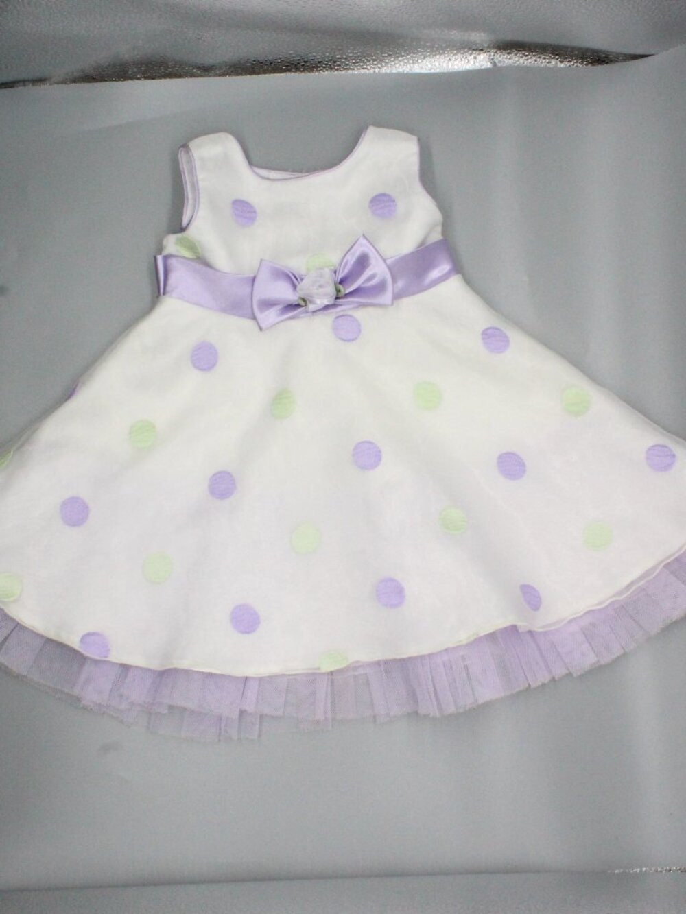 Youngland 12M White Lavender Polka Dot Satin Bow Ruffle Formal Dress